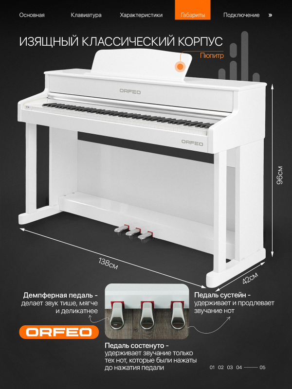 Цифровое пианино Orfeo E-12 белое, полированное, с наушниками