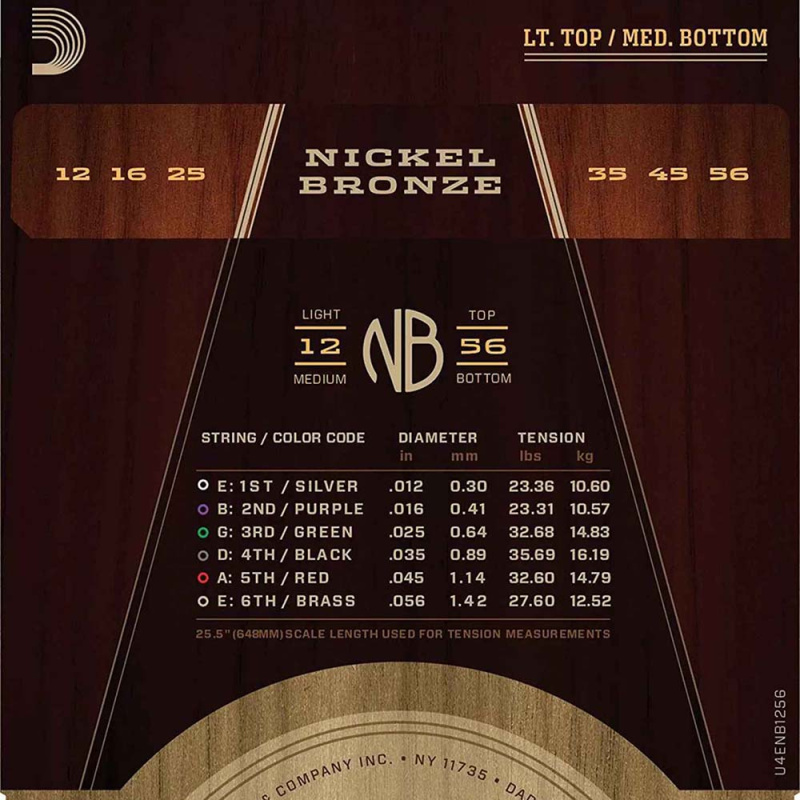 Струны для акустической гитары D'Addario Nickel Bronze NB1256 Light Top/Med Bottom (6 шт)